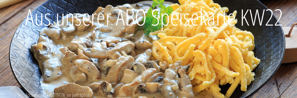 Putenrahmgeschnetzeltes, dazu Spätzle und Rohkostsalat 8,50 €