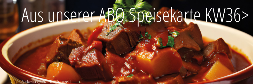 Gemischtes Gulasch, dazu Kartoffelbrei und Rohkostsalat