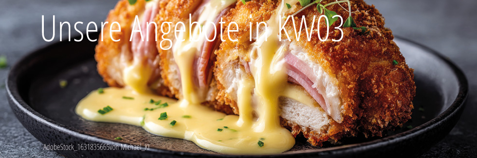 vor einem dunklen Hintergrund auf einem dunklen Teller ein lecker angerichtetes Cordonblue. Käse läuft aus einem wunderschön panierten Cordonblue