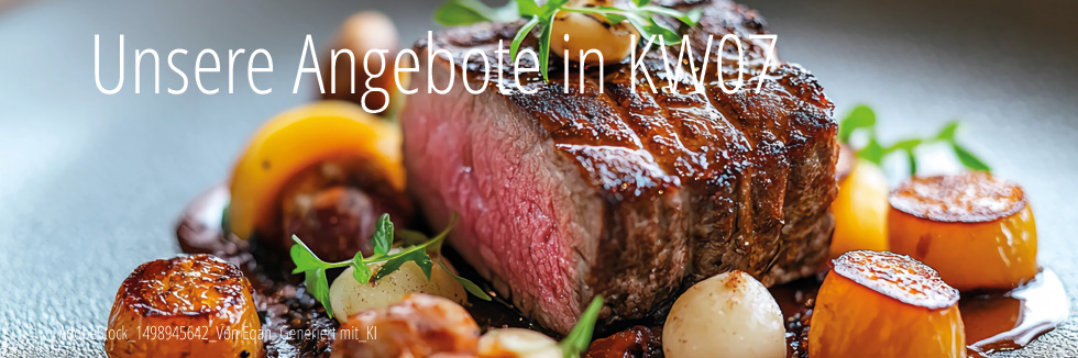 Auf einem sehr modernen Anthrazitfarmen Teller sehen wir in der Mitte ein Rumpsteak Medium gebraten außen herum dekoriert mit karamellisiert Zwiebeln und einer dunklen braunen Soße