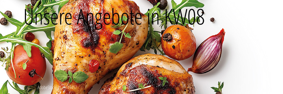 Ein freundlicher heller Teller mit zwei Hähnchenkeulen garniert mit Ruccola und Sherrytomaten. Rechts müssen wir uns eine rote Zwiebel vorstellen.