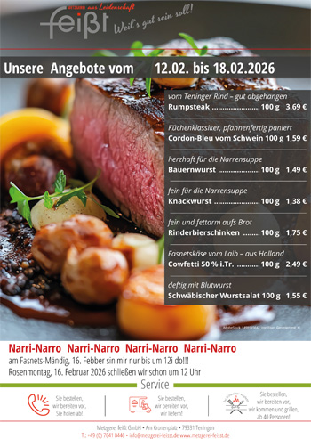 Als Link Grafik für die Angebote in KW 07, dargestellt, ein Rumpsteak Medium gebraten mit karamellisiert Zwiebeln