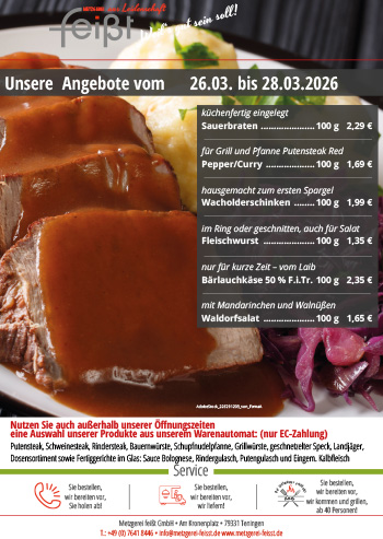 wir sehen mehrere scheiben saubraten mit soße rotkraiut und knödel